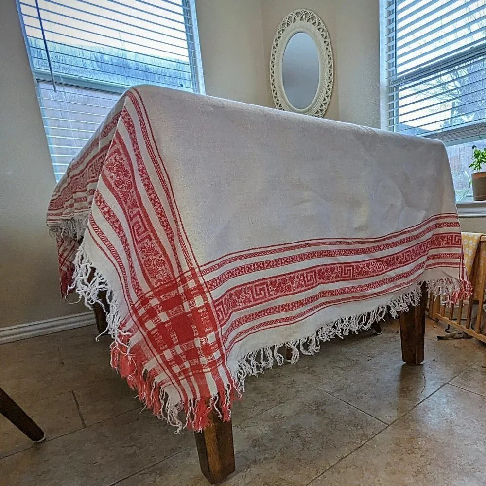 White & Red Linen Fringe Vintage Tablecloth